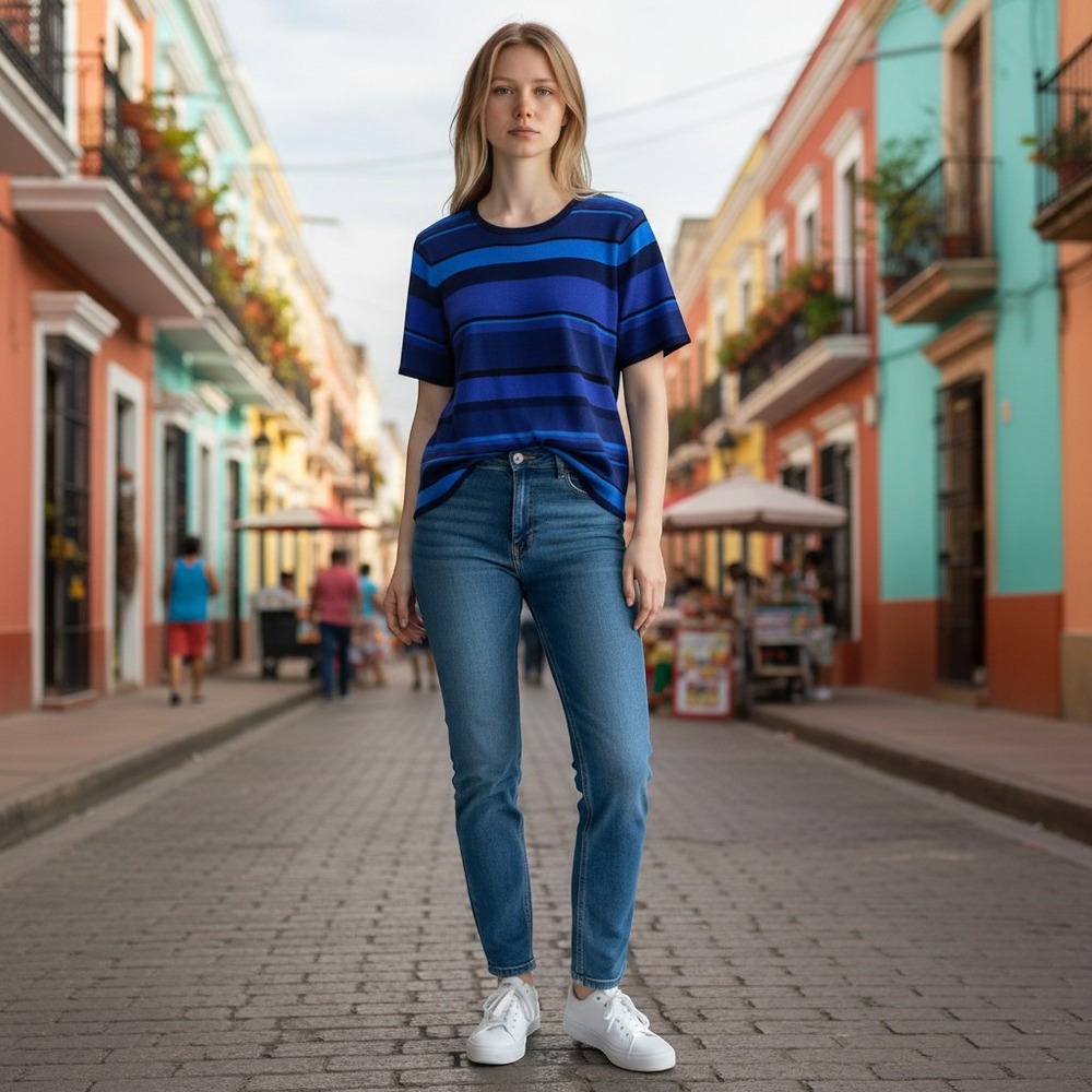 Kasper & Company ASL Womens Blue Striped 100% Silk Knit Short Sleeve Top Large